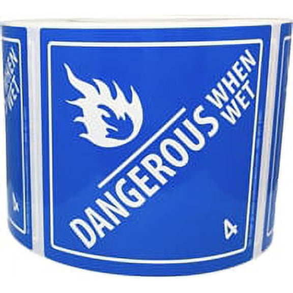 Laminated Dangerous When Wet Hazard Class 4 D.O.T Labels 4 x 4 Inch Square 500 Stickers on a Roll
