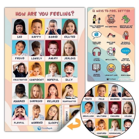 ThinkPsych 2 Pack Laminated Emotions Posters, English/Spanish, Double-sided, 11"x17"