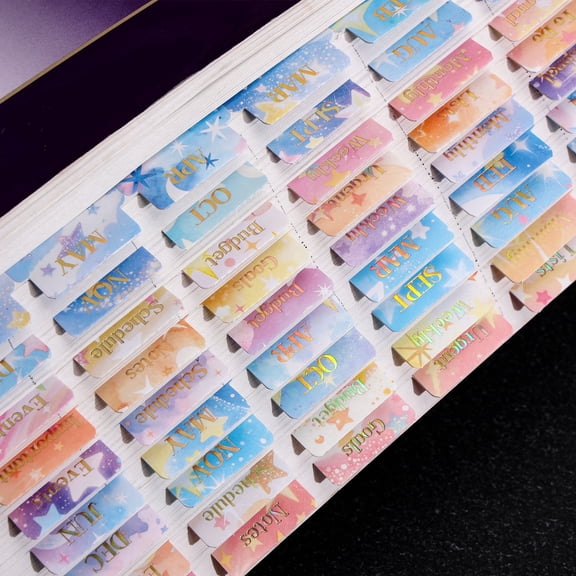 Laminated Gold Foil Planner Monthly Tabs(216 Stickers in Total,24 Month,144 Subject,48 Blank) Calendar Monthly Label Stickers for Planners, Subject Label Adhesive Tabs for Folders, Pages(Moon & Star)