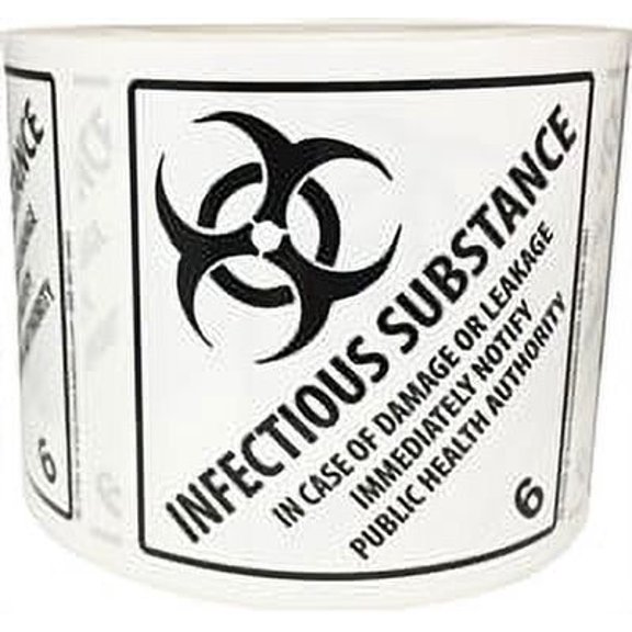 Laminated Infectious Substance Hazard Class 6 D.O.T Labels 4 x 4 Inch Square 500 Stickers on a Roll