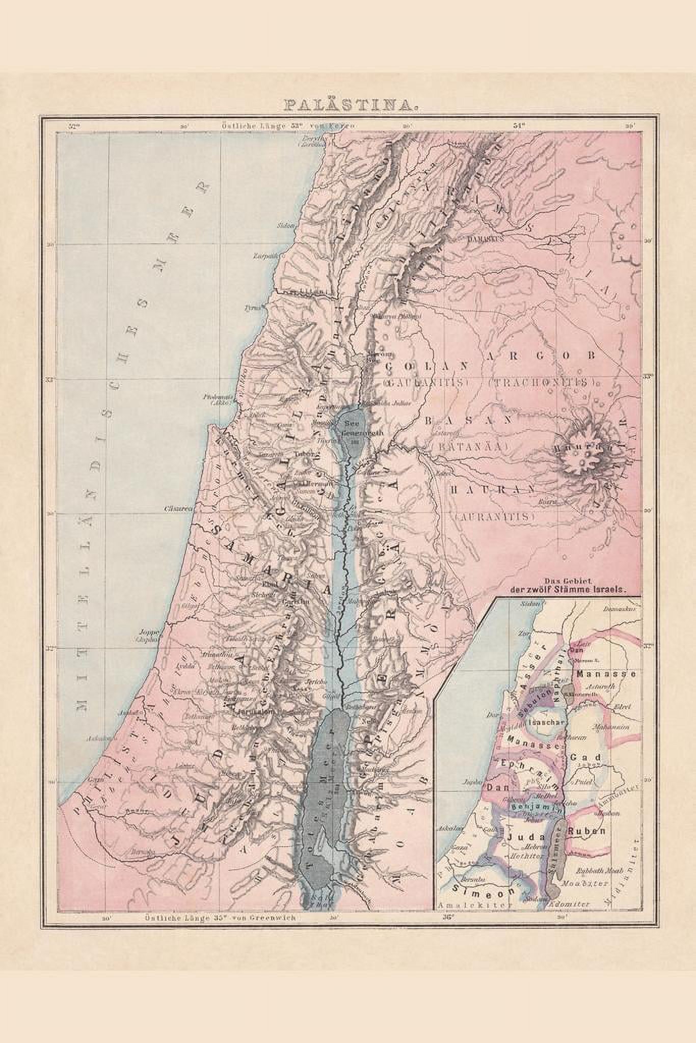 Laminated Palestine Antique Map German Language Poster Twelve Tribes of