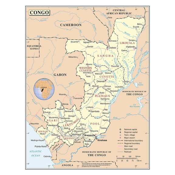 Laminated Poster: Large detailed political and administrative map of congo with roads railroads cities and airports