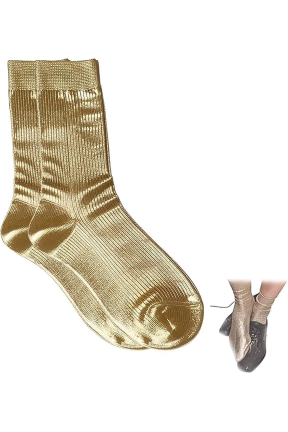 Laminated Socks Metallic, Elegant Luxury Fashion Shiny Metallic Silk Ribbed Laminated Socks(a)