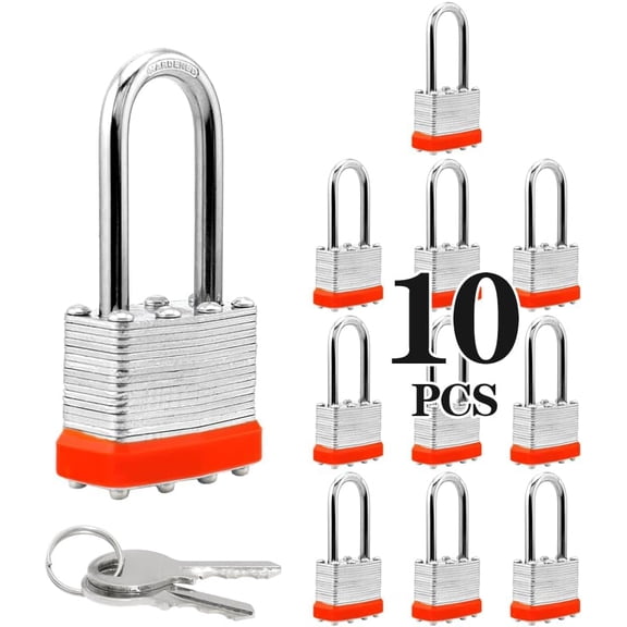 Laminated Steel Keyed Padlocks, 10 Pack, Keyed Alike, Long Shackle, 1-9/16" 40mm,Orange Hoop for Hasp Latch, Sheds, Fences, Storage Locker, Gym