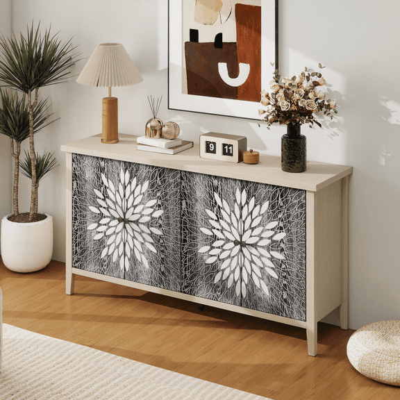 Laminated Wood Modern Storage Cabinet with 4 Doors & Adjustable Shelves - Ideal for Living, Dining & Kitchen Spaces