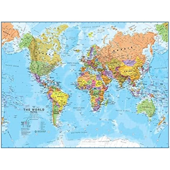 Laminated World Map - 17" x 22" - Map of the World - 2025 Updated - Detailed Cartography - YNGLLC