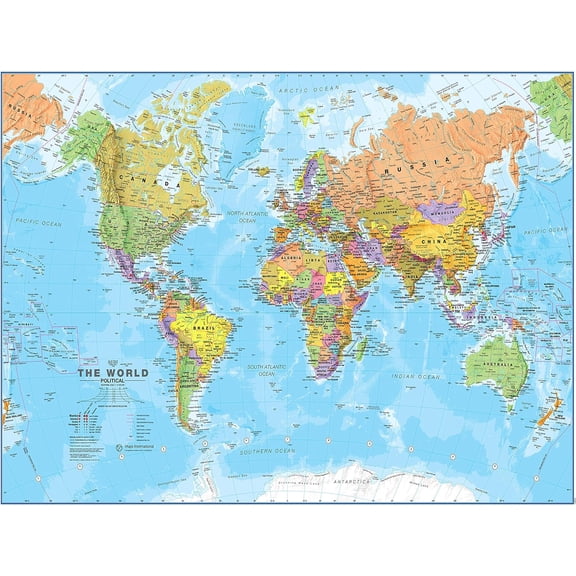 Laminated World Map - 17" x 22" - Map of the World - Detailed Cartography -