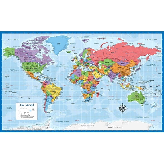 Laminated World Map Poster - Wall Chart Map of Earth - 18" x 29" (Blue)