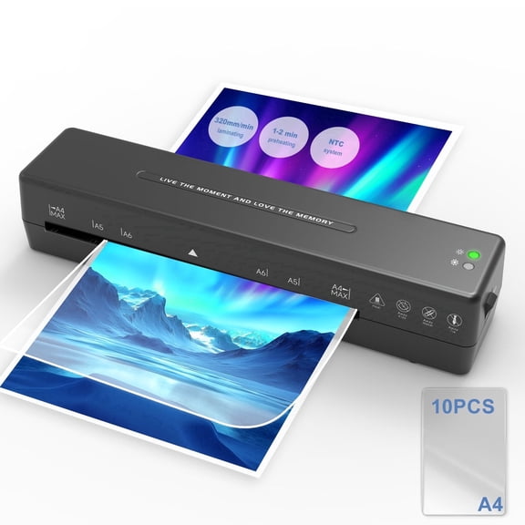 Laminator Machine, 9 Inch with 10 A4 Sheets Thermal, Ture Mini Size, Hot and Cold Dual Modes, Fast Warm Up（Black）