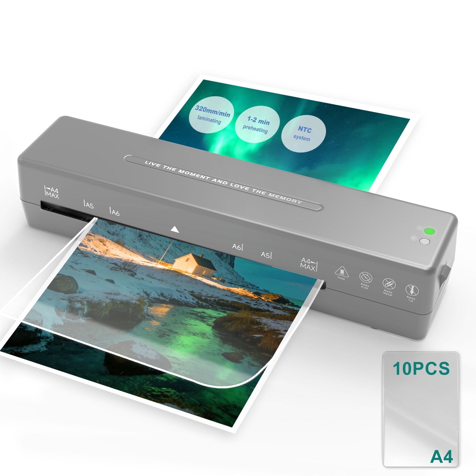 Laminator Machine, 9 Inch with 10 A4 Sheets Thermal, Ture Mini Size, Hot and Cold Dual Modes, Fast Warm Up（Gray）