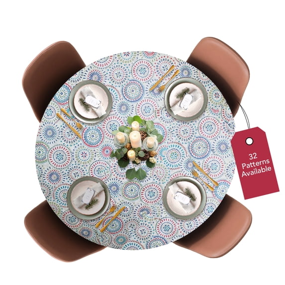 LAMINET Deluxe Elastic Edged Flannel Backed Vinyl Fitted Table Cover -Multi-Color Geometric Medallion Pattern - Small Round - Fits Tables up to 40" - 44" Diameter ( ETOVMED48)
