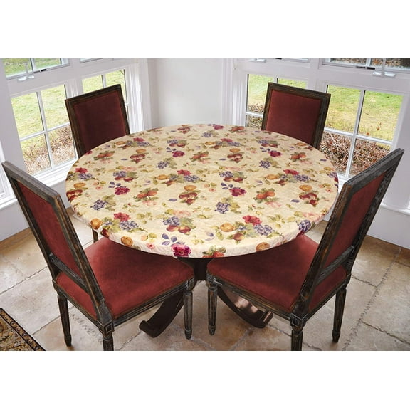 Laminet Elastic Edged Flannel Backed Vinyl Fitted Table Cover - Antique Fruit- Best For 45"-56" Round (ETAF60)