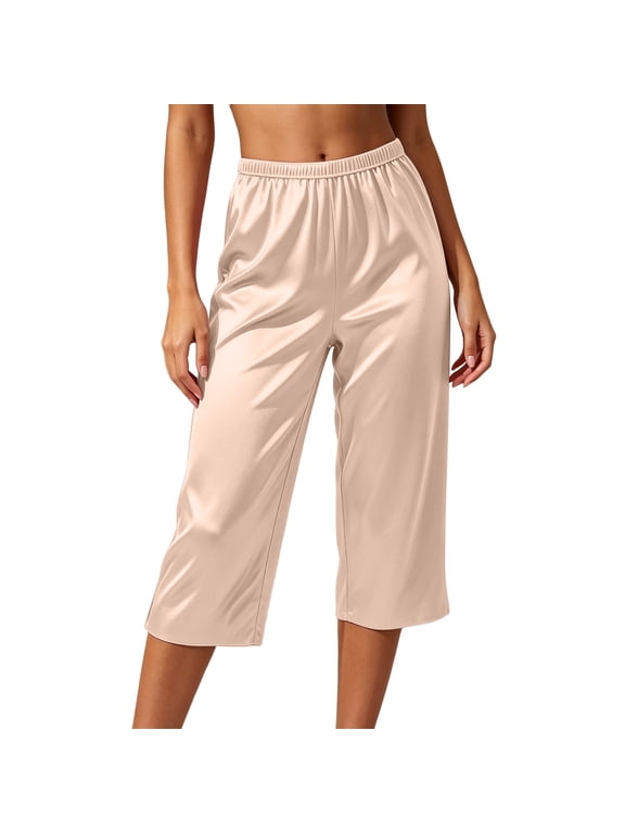 Capri Pants for Women Satin Elastic Waist Ruched Loose Fitting Comfy Casual Crop Pants Loungewear Summer,Khaki,M