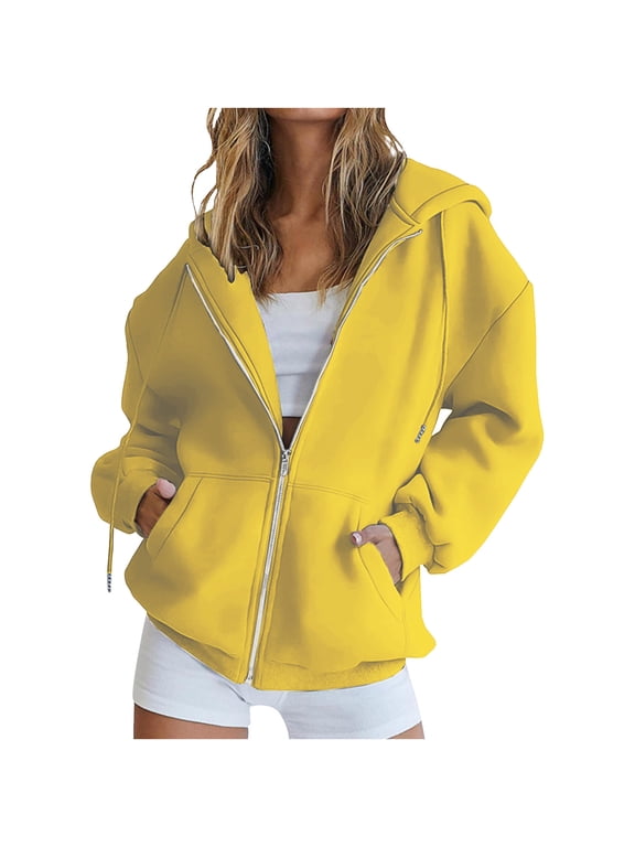 Women's Fall Zip up Hoodies Sweatshirts Comfy Long Sleeve Pockets Drawstring Hooded Loose Trendy Outwear