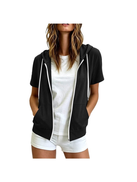 Zip up Hoodies for Women Short Sleeve Sweatshirts Drawstring Lightweight Fall Casual Workout Running Jackets with Pockets(Black,S)