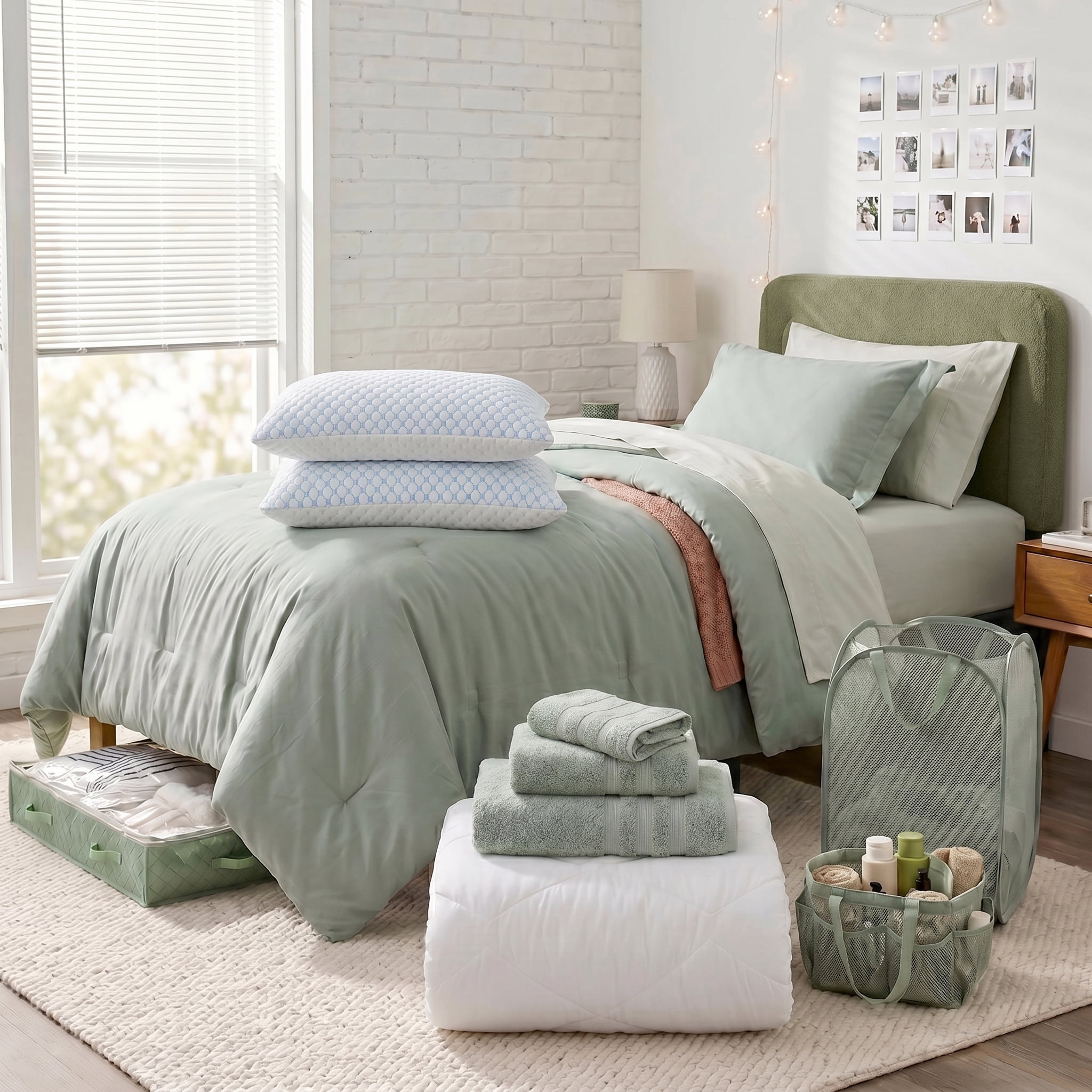 LammaLoe 16 Piece Complete Dorm Room Set, Twin XL Comforter Set, Includes Sheet Set, Mattress Protector, Pillows, Headboard, Towels & Organizers - All Dorm Accessories Included, Sage