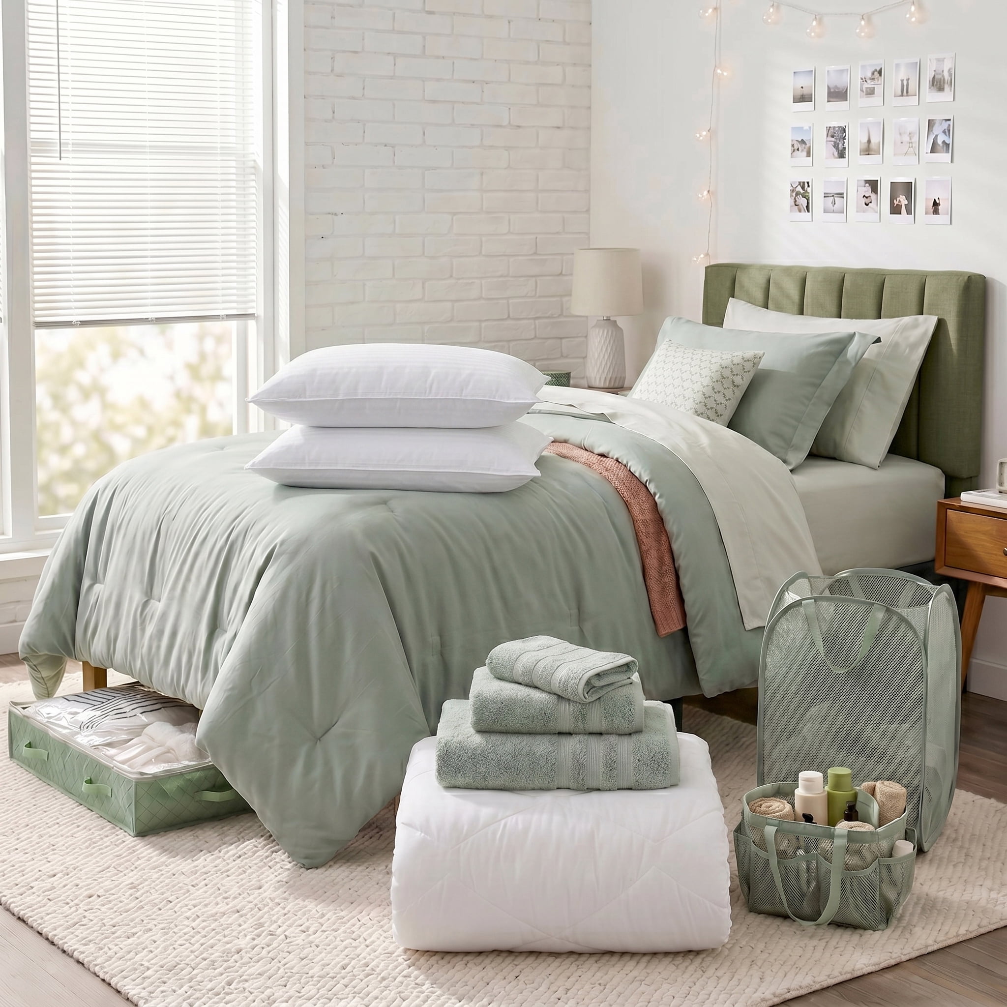 LammaLoe 16 Piece Complete Dorm Room Set, Twin XL Comforter Set, Includes Sheet Set, Mattress Protector, Pillows, Headboard, Towels & Organizers - All Dorm Accessories Included, Sage