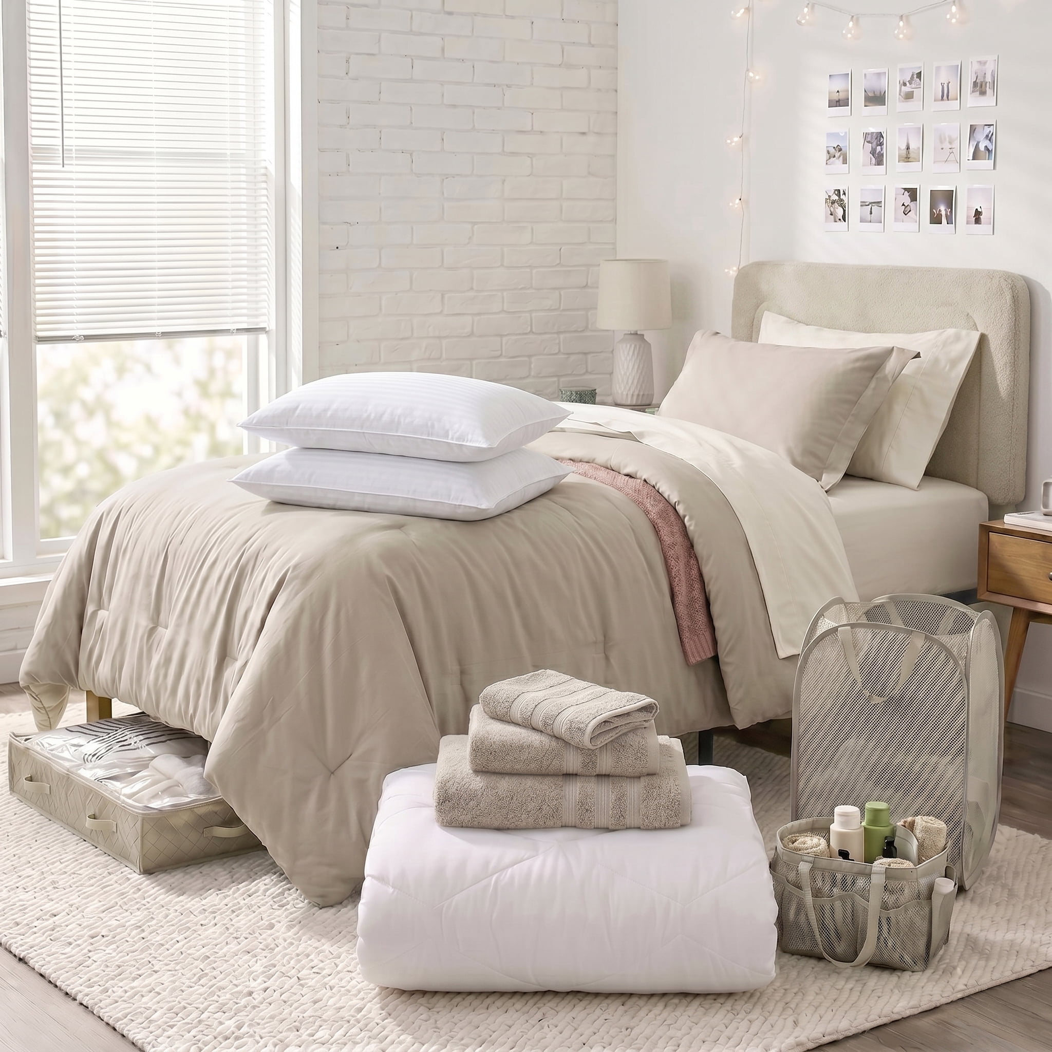 LammaLoe 16 Piece Complete Dorm Room Set, Twin XL Comforter Set, Includes Sheet Set, Mattress Protector, Pillows, Headboard, Towels & Organizers - All Dorm Accessories Included, Linen