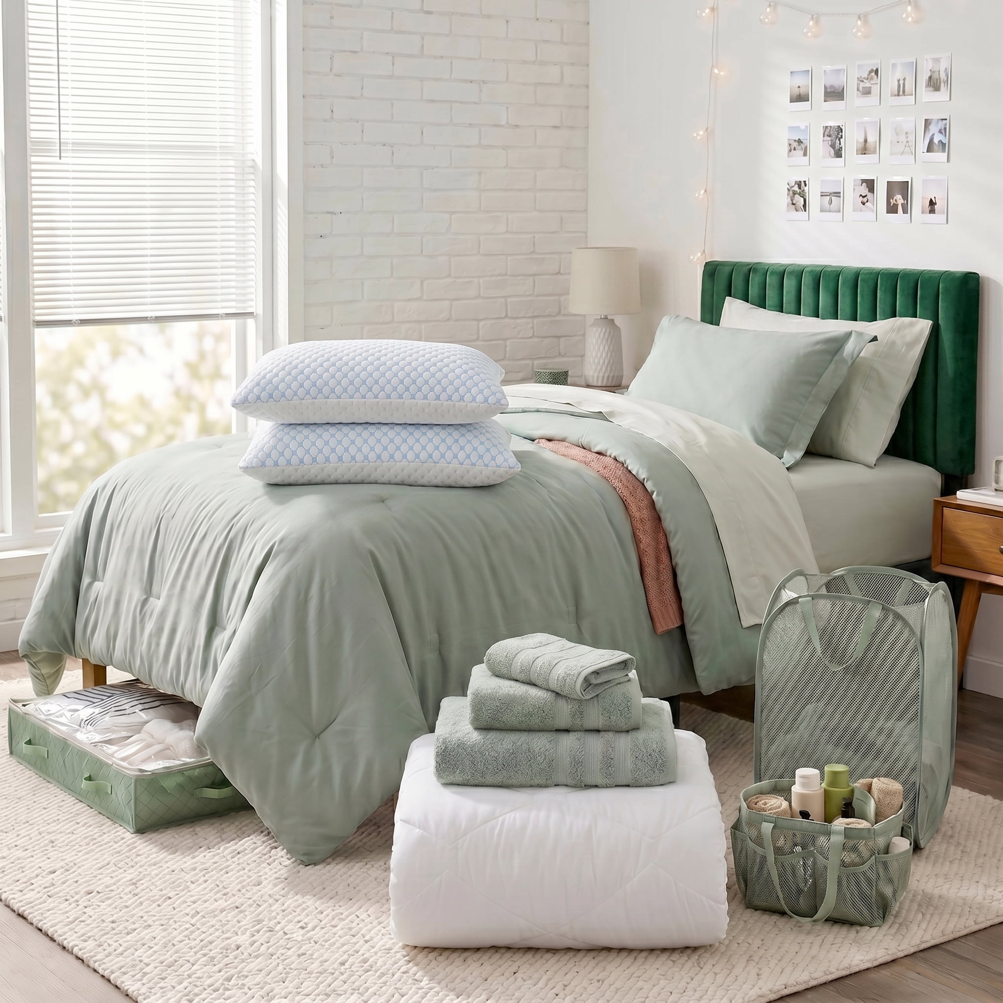 LammaLoe 16 Piece Complete Dorm Room Set, Twin XL Comforter Set, Includes Sheet Set, Mattress Protector, Pillows, Headboard, Towels & Organizers - All Dorm Accessories Included, Sage