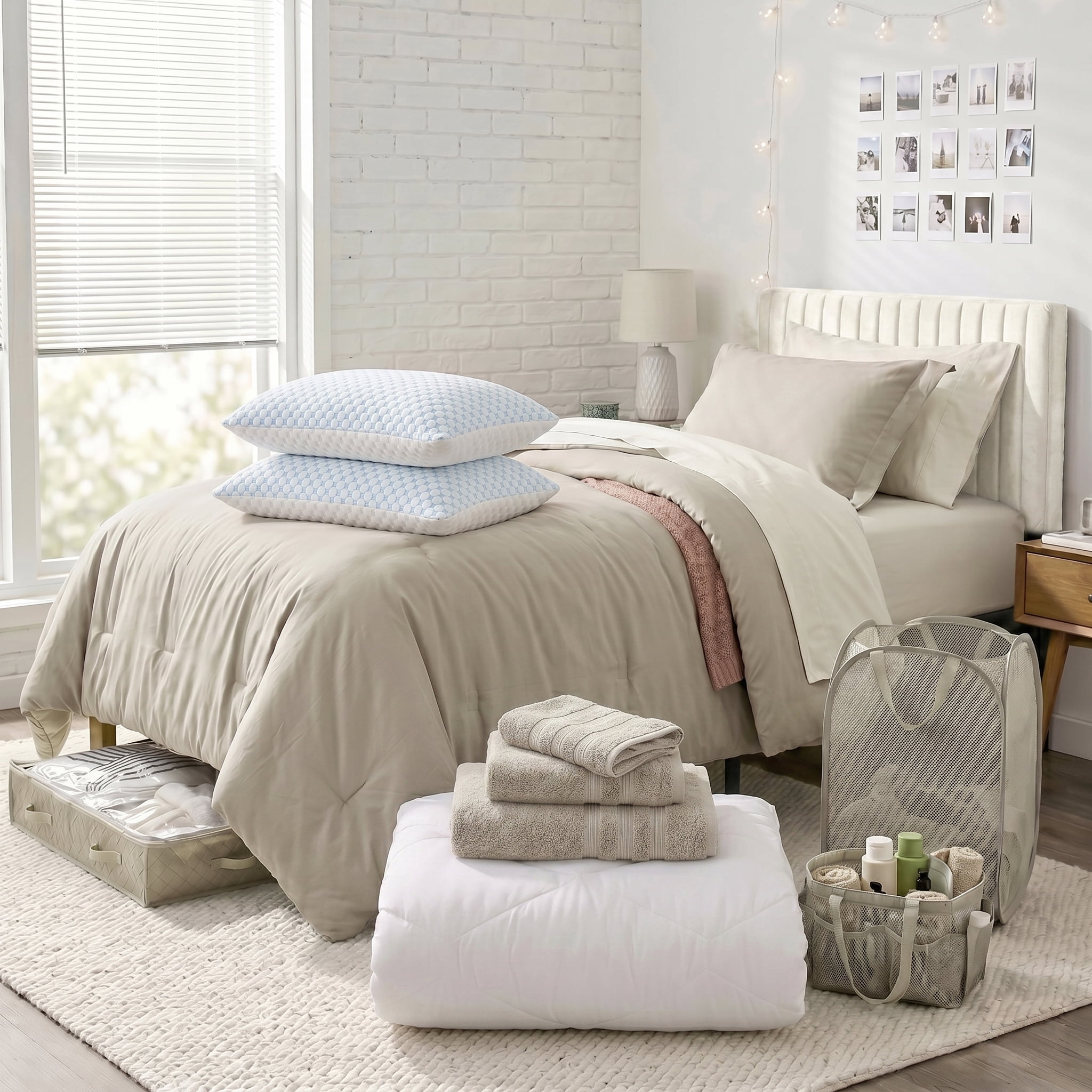 LammaLoe 16 Piece Complete Dorm Room Set, Twin XL Comforter Set, Includes Sheet Set, Mattress Protector, Pillows, Headboard, Towels & Organizers - All Dorm Accessories Included, Linen