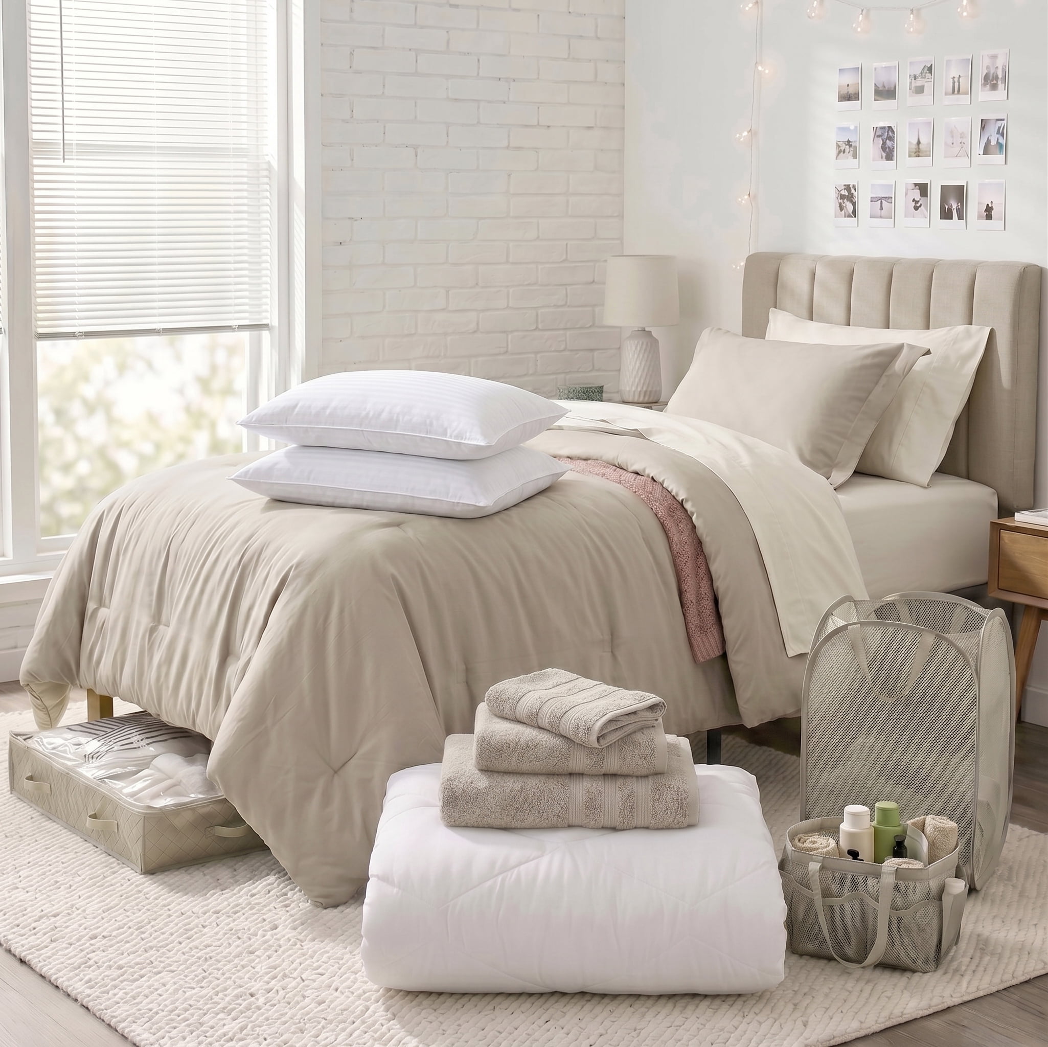 LammaLoe 16 Piece Complete Dorm Room Set, Twin XL Comforter Set, Includes Sheet Set, Mattress Protector, Pillows, Headboard, Towels & Organizers - All Dorm Accessories Included, Linen