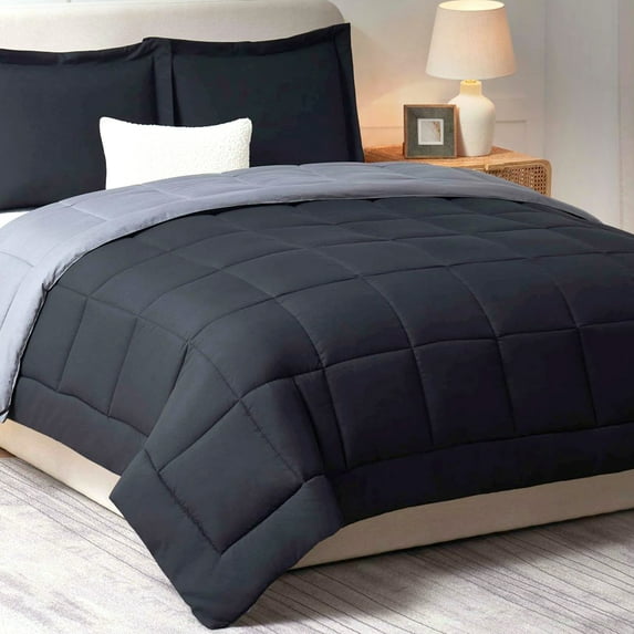 LammaLoe 3-Piece Comforter Sets Queen size, Reversible Bed in a Bag, Black/Gray, Quilted Bedding Comforter Set