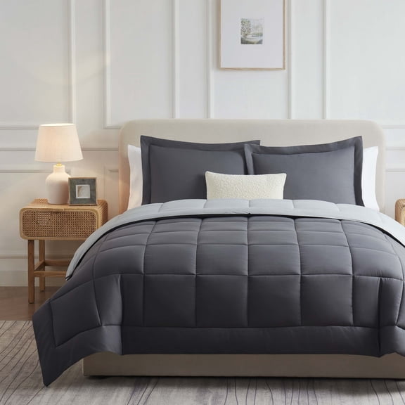 LammaLoe 3-Piece Comforter Sets Queen size, Reversible Bed in a Bag, Gray/Light gray, Quilted Bedding Comforter Set