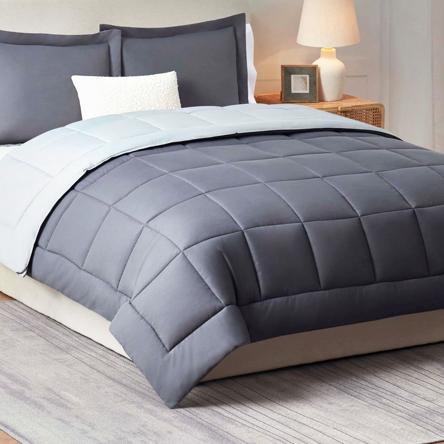 LammaLoe 3-Piece Full Size Comforter Sets, Reversible Bed in a Bag, Gray/Light gray, Quilted Bedding Comforter Set