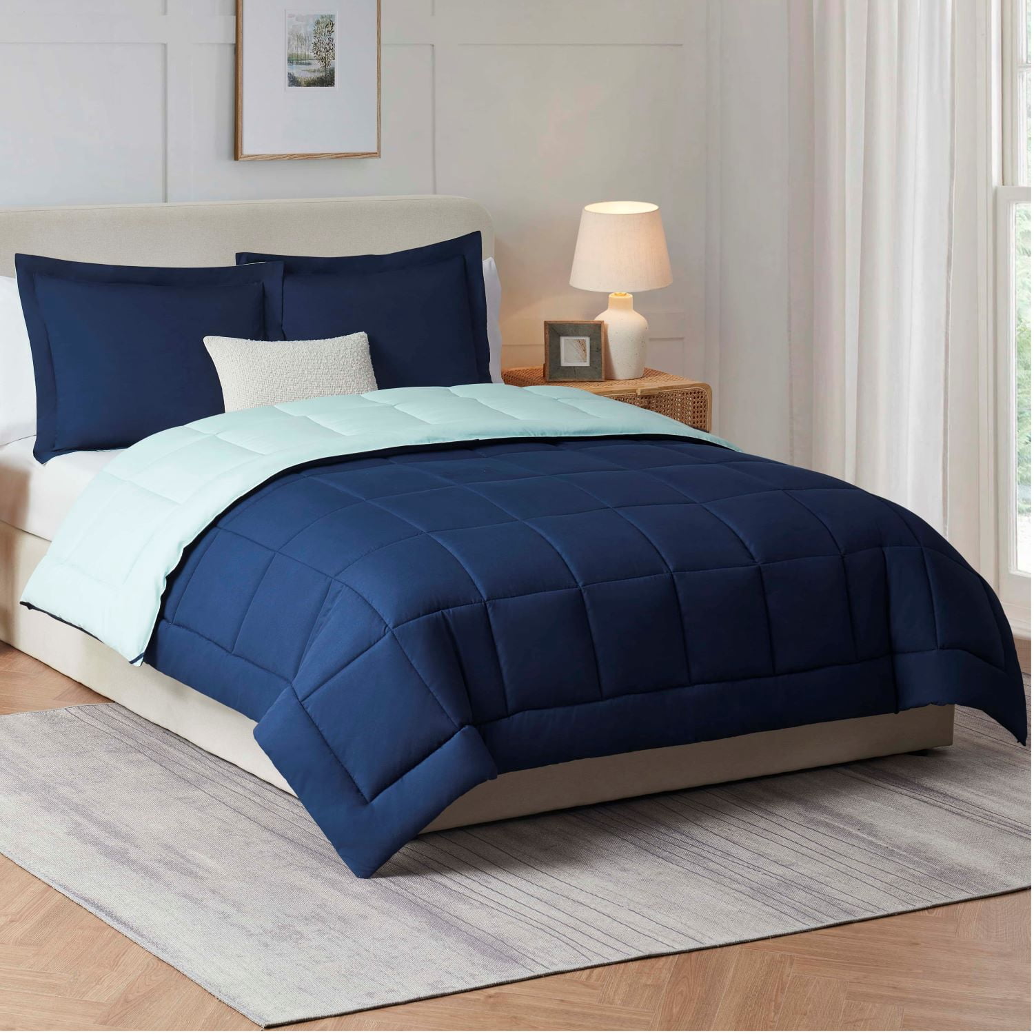 LammaLoe 3-Piece Full Size Comforter Sets, Reversible Bed in a Bag, Navy/Light Blue, Quilted Bedding Comforter Set