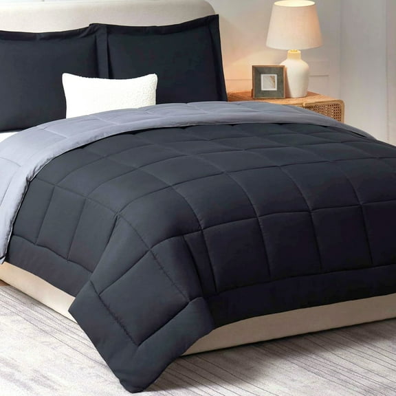 LammaLoe 3-Piece King Size Comforter Sets, Reversible Bed in a Bag, Black/Gray, Quilted Bedding Comforter Set