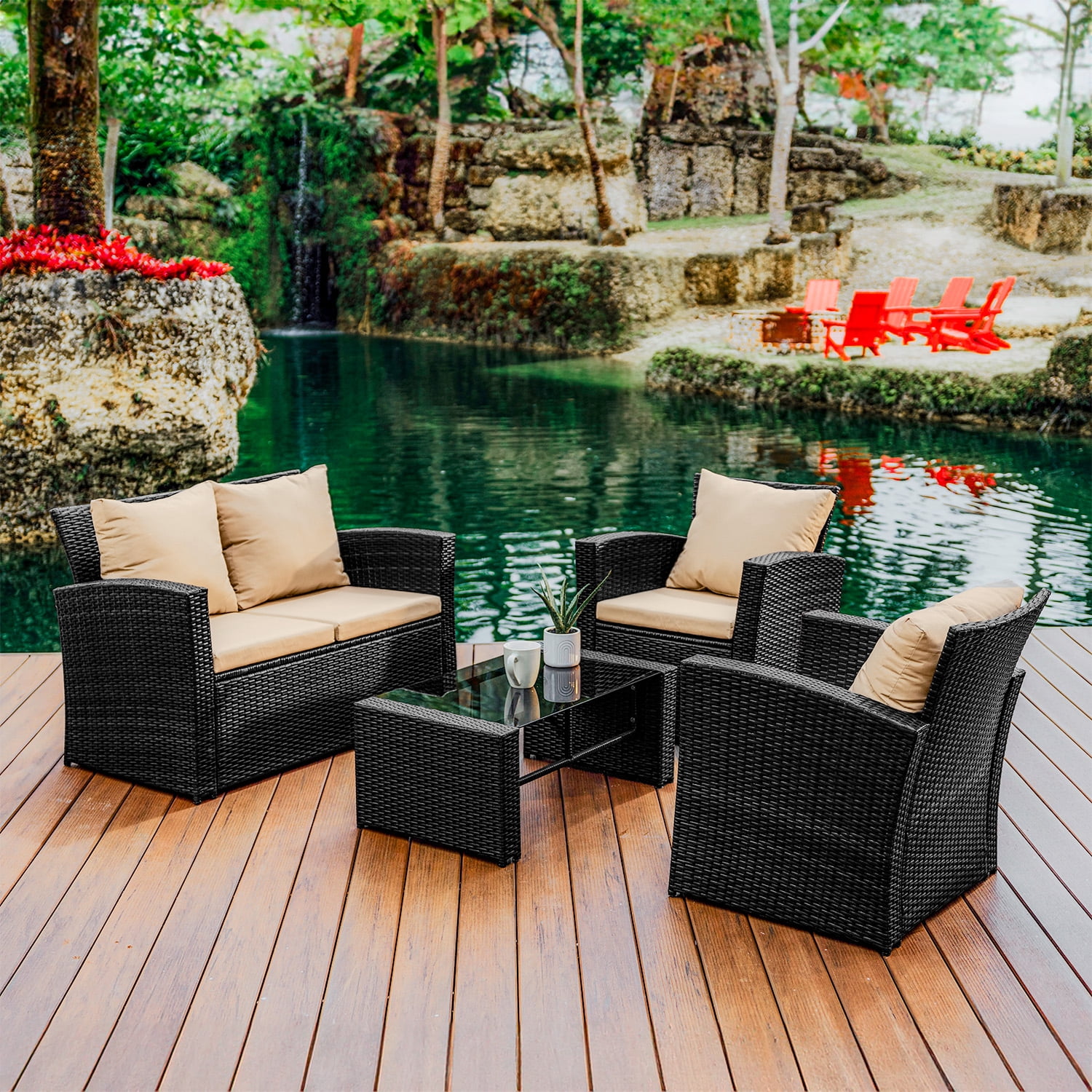 LammaLoe 4 Piece Outdoor Patio Furniture Sets , Patio Table and Chairs, Outdoor Furniture Sets with 2 Chairs Loveseat & Glass Top Coffee Table, Porch Furniture Black/Beige
