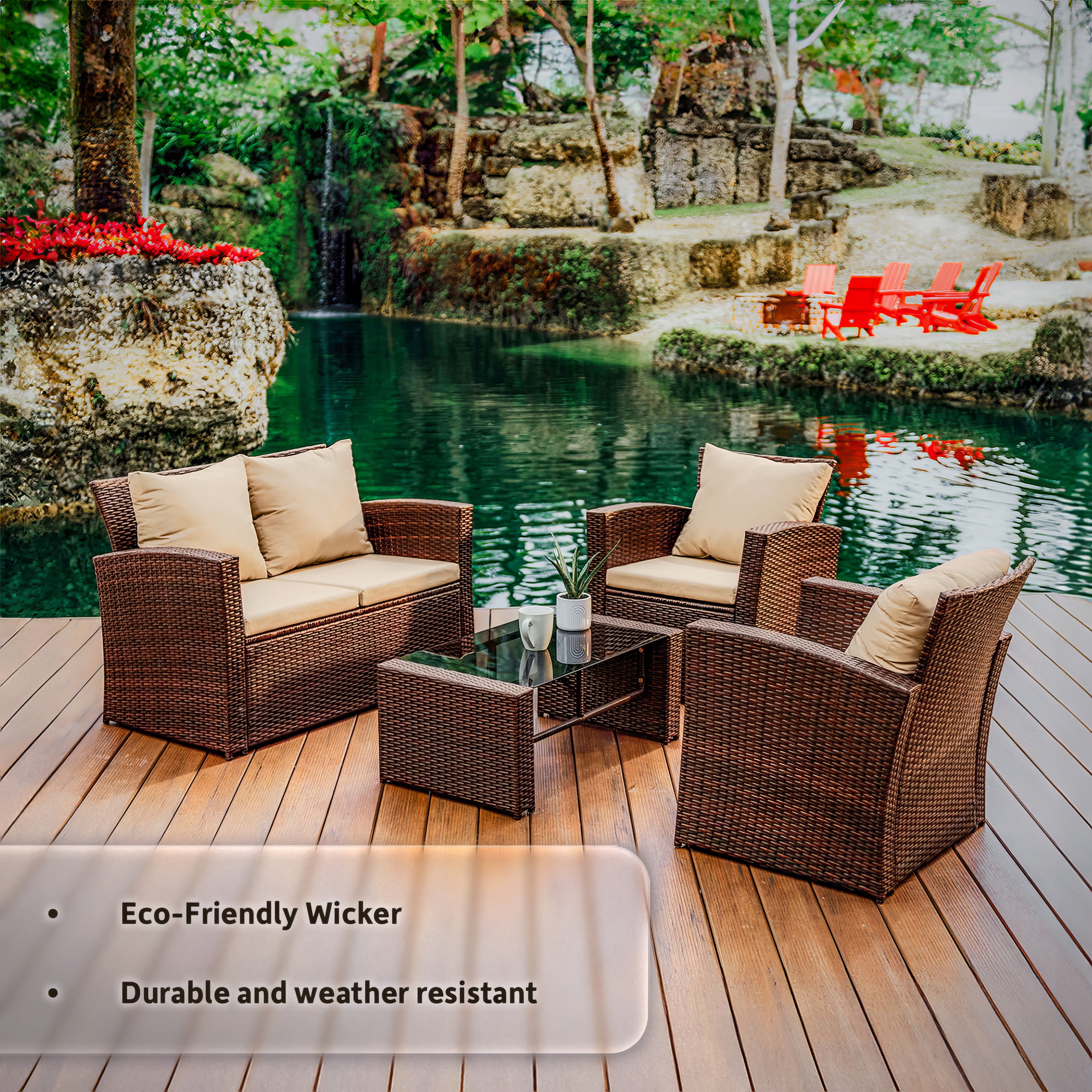 LammaLoe 4 Piece Outdoor Patio Furniture Sets, Patio Table and Chairs, Outdoor Furniture Sets with 2 Chairs Loveseat & Glass Top Coffee Table, Porch Furniture Brwon/Beige