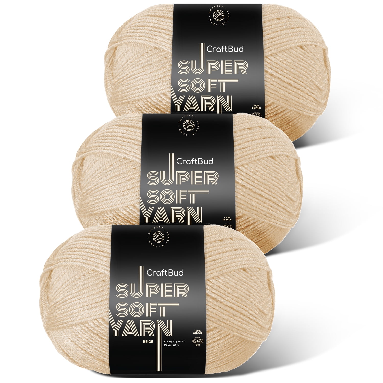 LammaLoe Acrylic Yarn For Crocheting And Knitting, (370 Yards) Worsted Medium #4 Crochet Yarn For Beginners, 3 Pack, Beige