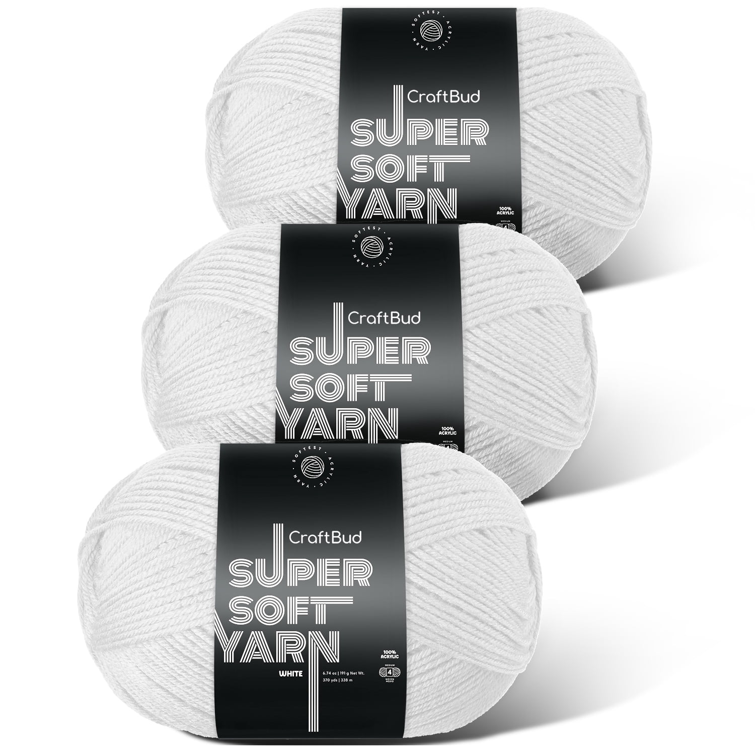 LammaLoe Acrylic Yarn For Crocheting And Knitting, (370 Yards) Worsted Medium #4 Crochet Yarn For Beginners, 3 Pack, White