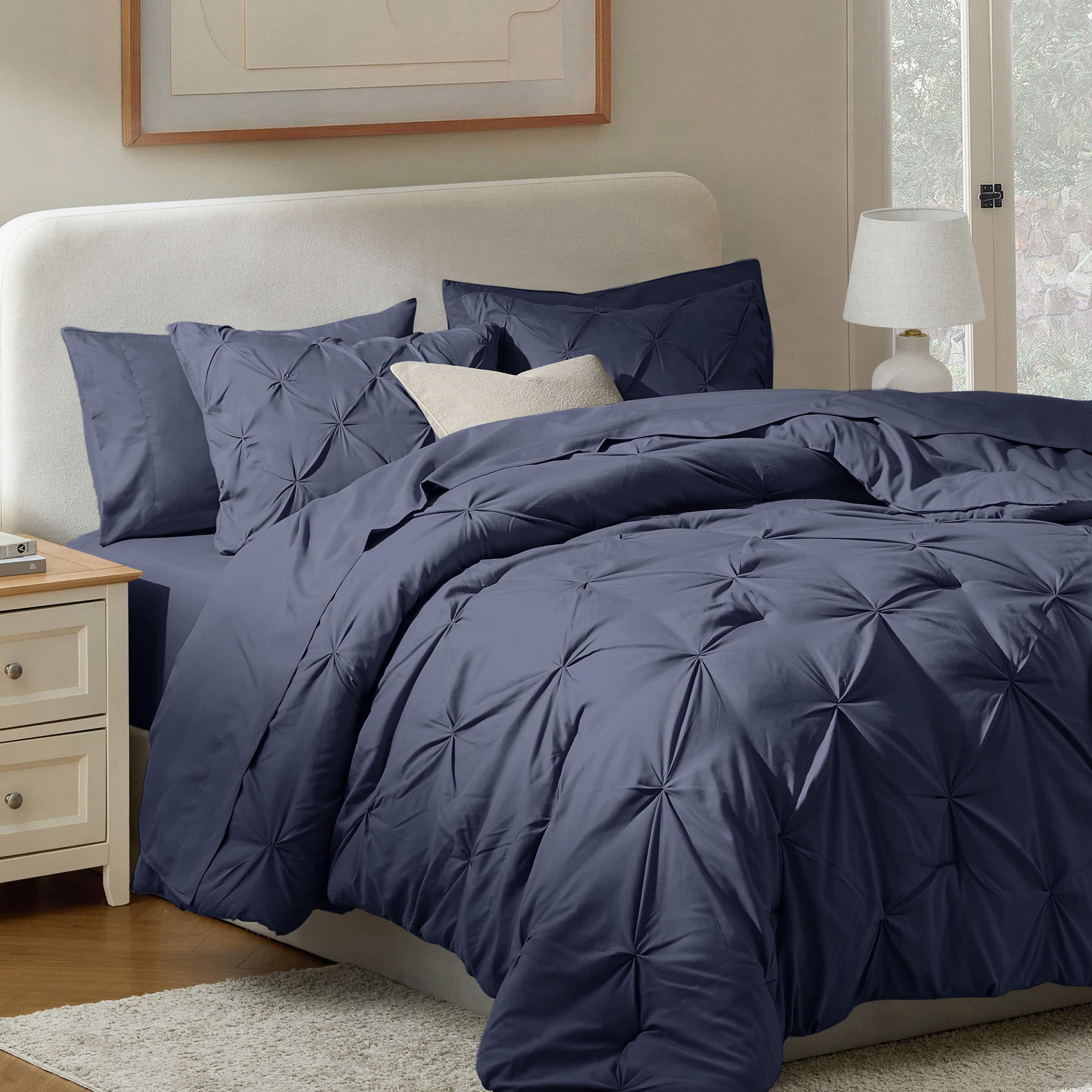 LammaLoe California King Size comforter Sets, 7 Piece Bed In A Bag Pintuck Bedding Sets, Navy