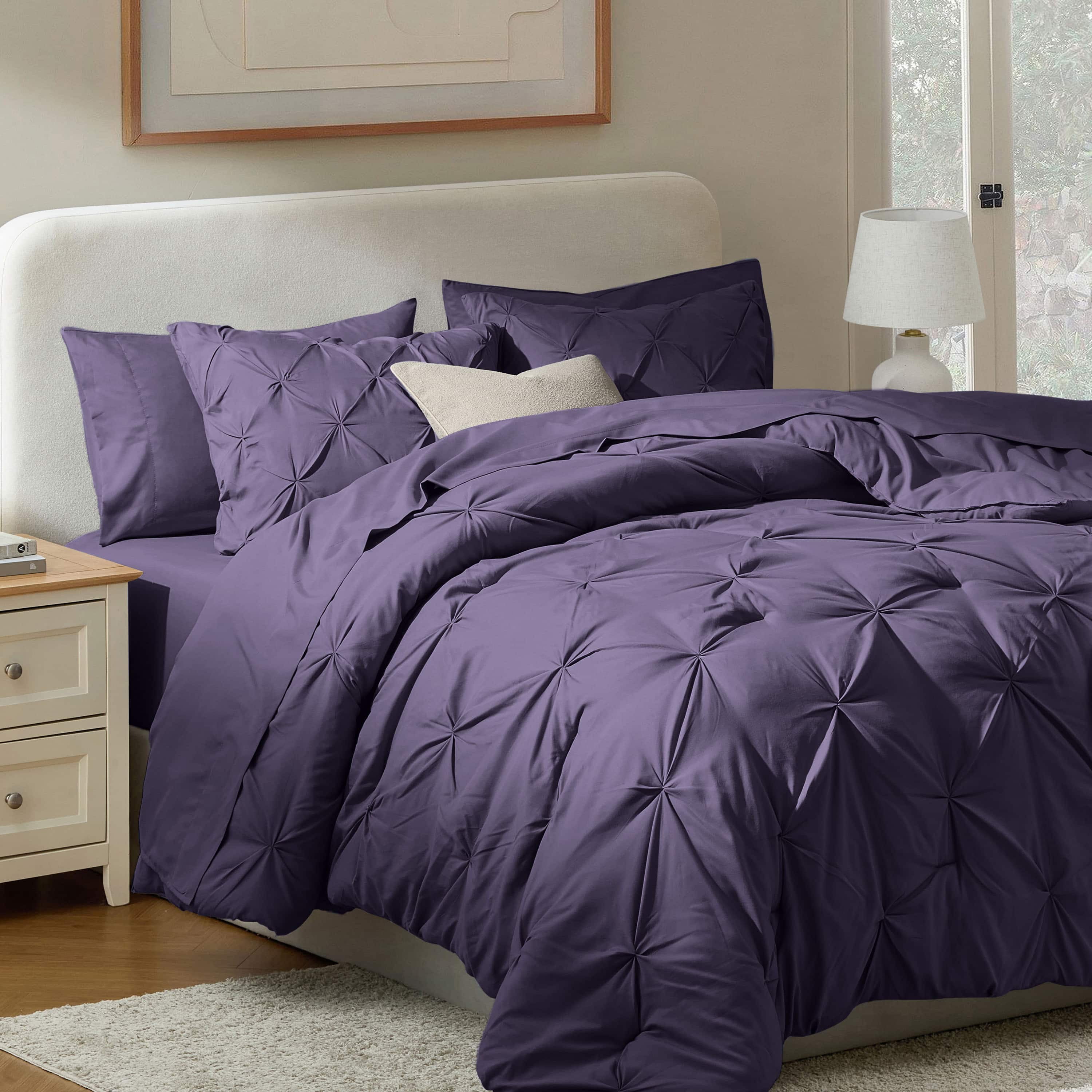 LammaLoe California King Size comforter Sets, 7 Piece Bed In A Bag Pintuck Bedding Sets, Purple