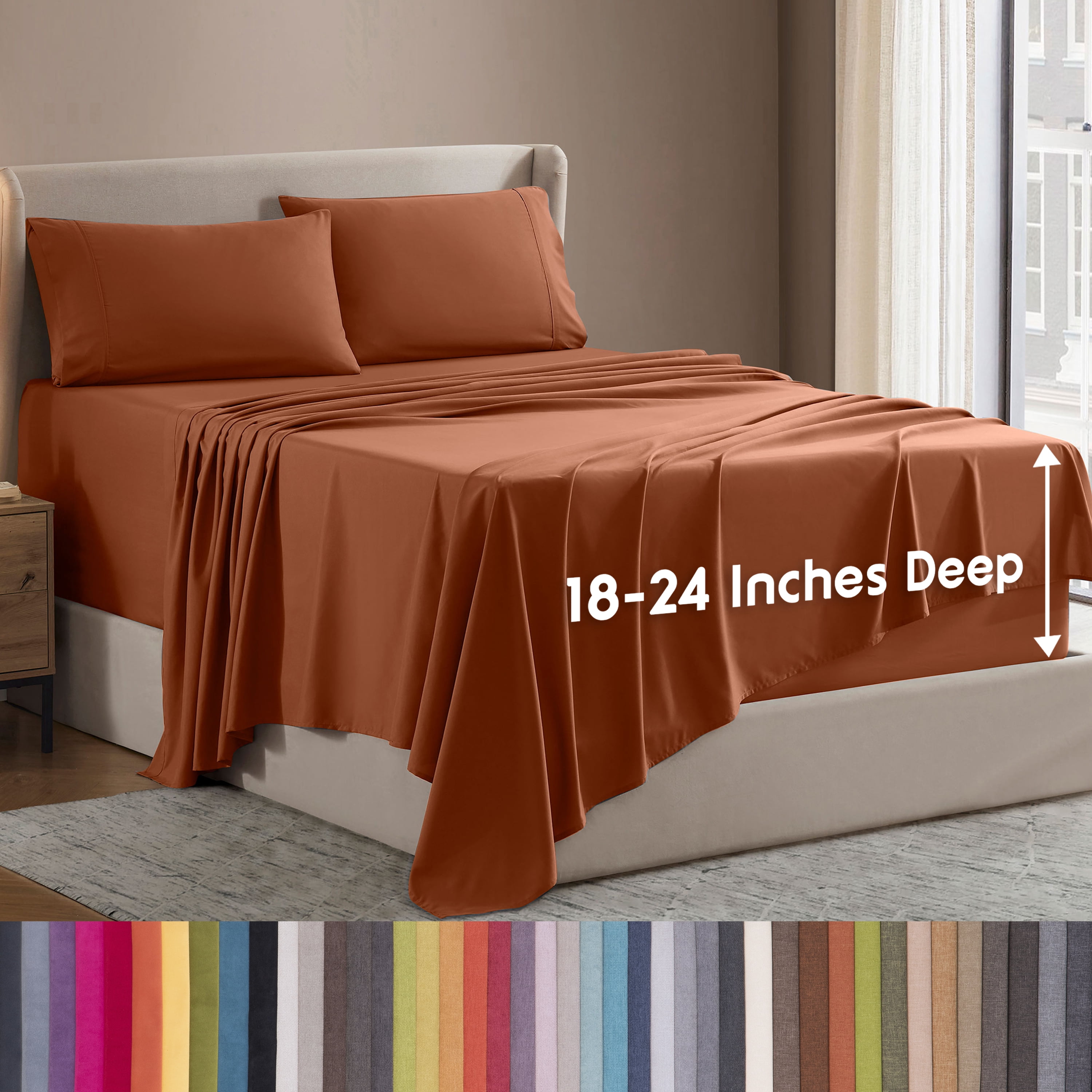 LammaLoe Extra Deep Pocket California King Sheets Set, 4 Piece, Fits 18"-24" Mattress, Breathable & Extra Soft Bed Sheets, Rust Sienna/Orange Brown