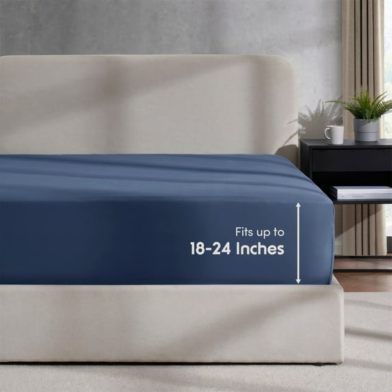 LammaLoe Extra Deep Pocket California King Fitted Sheet Only, Fits 18" to 24" Mattress, Soft Microfiber Fitted Bed Sheet, Navy Blue