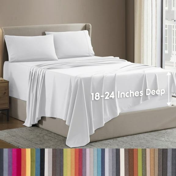 LammaLoe Extra Deep Pocket Full Sheets Set, 4 Piece, Fits 18"-24" Mattress, Breathable & Extra Soft Bed Sheets, White