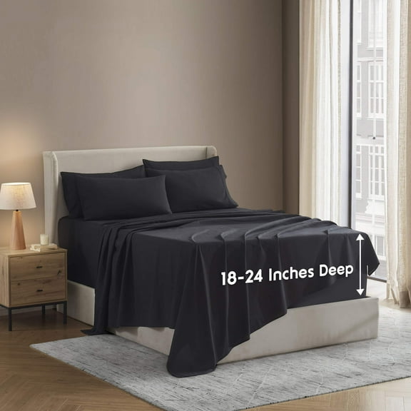 LammaLoe Extra Deep Pocket Full Size Sheets set, Fits 18"-24" Mattress, 6 Piece Soft Microfiber Bed Sheet Sets, Black