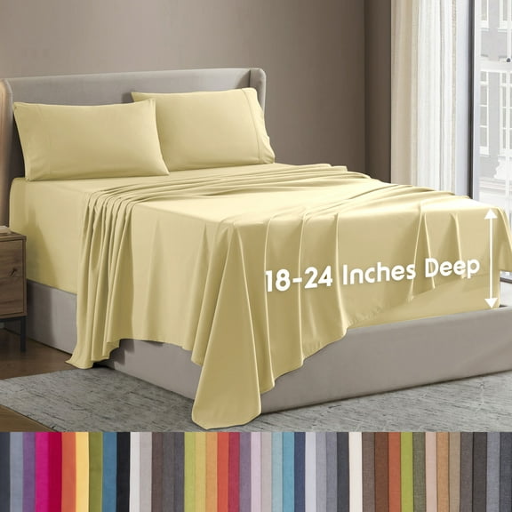 LammaLoe Extra Deep Pocket King Sheets Set, 4 Piece, Fits 18"-24" Mattress, Breathable & Extra Soft Bed Sheets, Vanilla Yellow