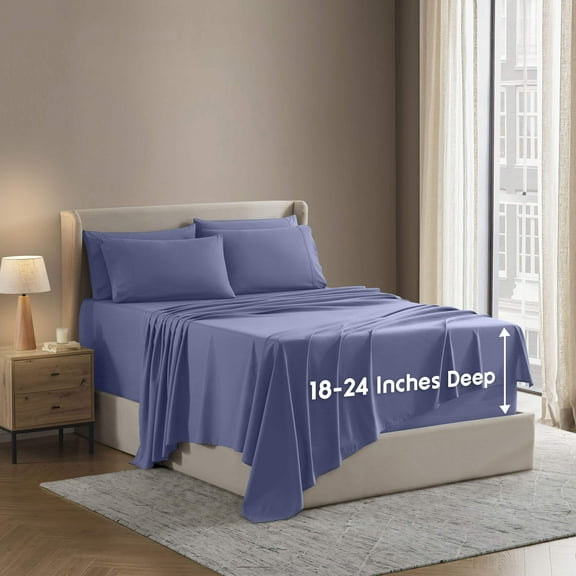 LammaLoe Extra Deep Pocket King Sheets set, Fits 18"-24" Mattress, 6 Piece Soft Microfiber Bed Sheet Sets, Steel Blue