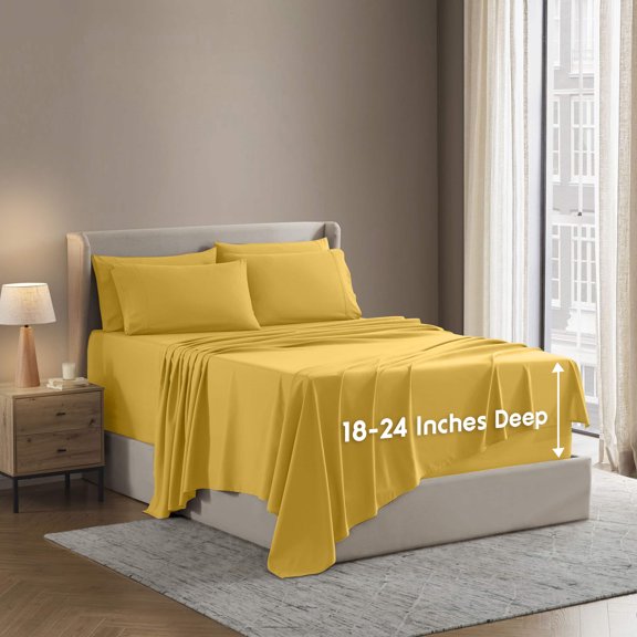 LammaLoe Extra Deep Pocket King Sheets set, Fits 18"-24" Mattress, 6 Piece Soft Microfiber Bed Sheet Sets, Yellow