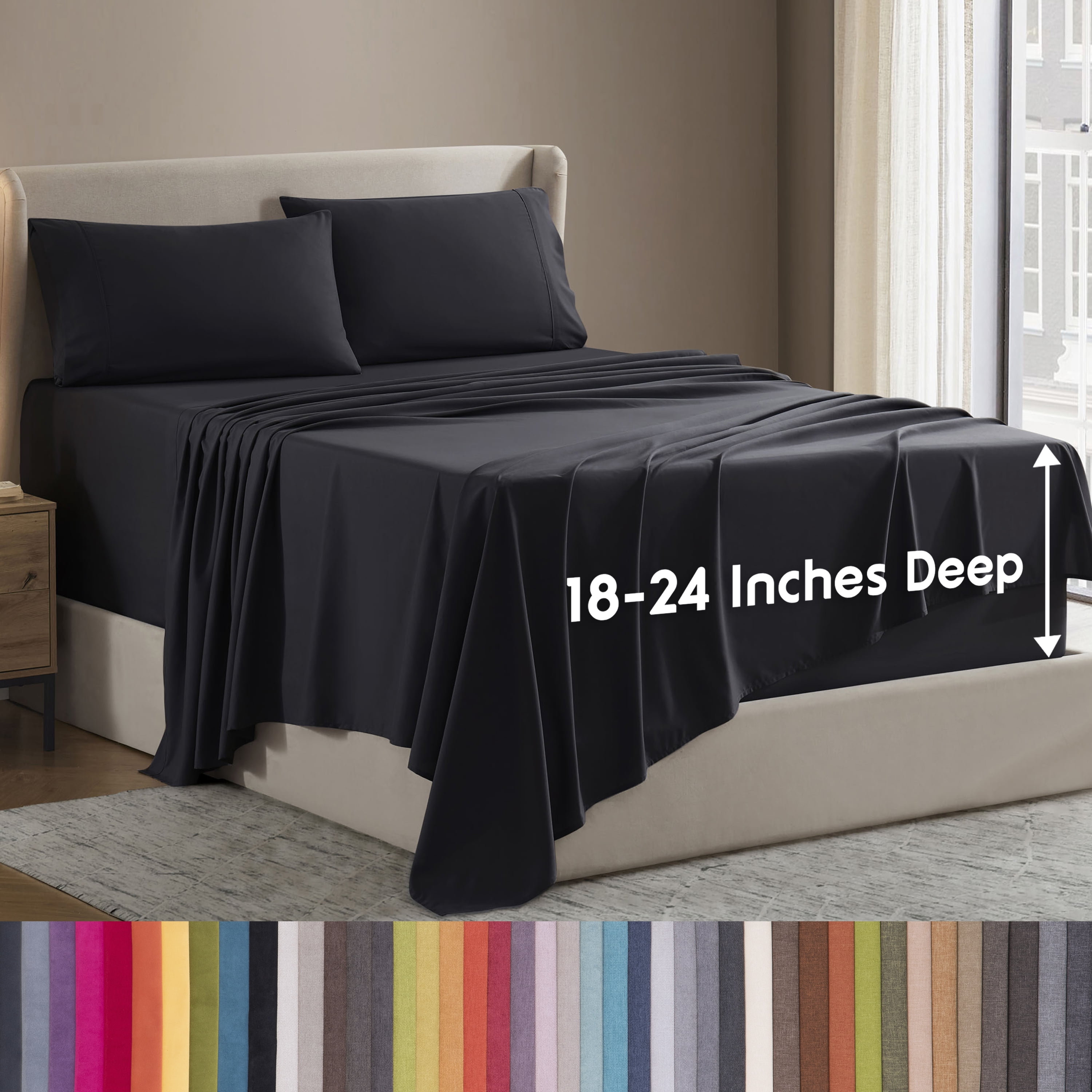 LammaLoe Extra Deep Pocket Queen Sheets Set, 4 Piece, Fits 18"-24" Mattress, Breathable & Extra Soft Bed Sheets, Black