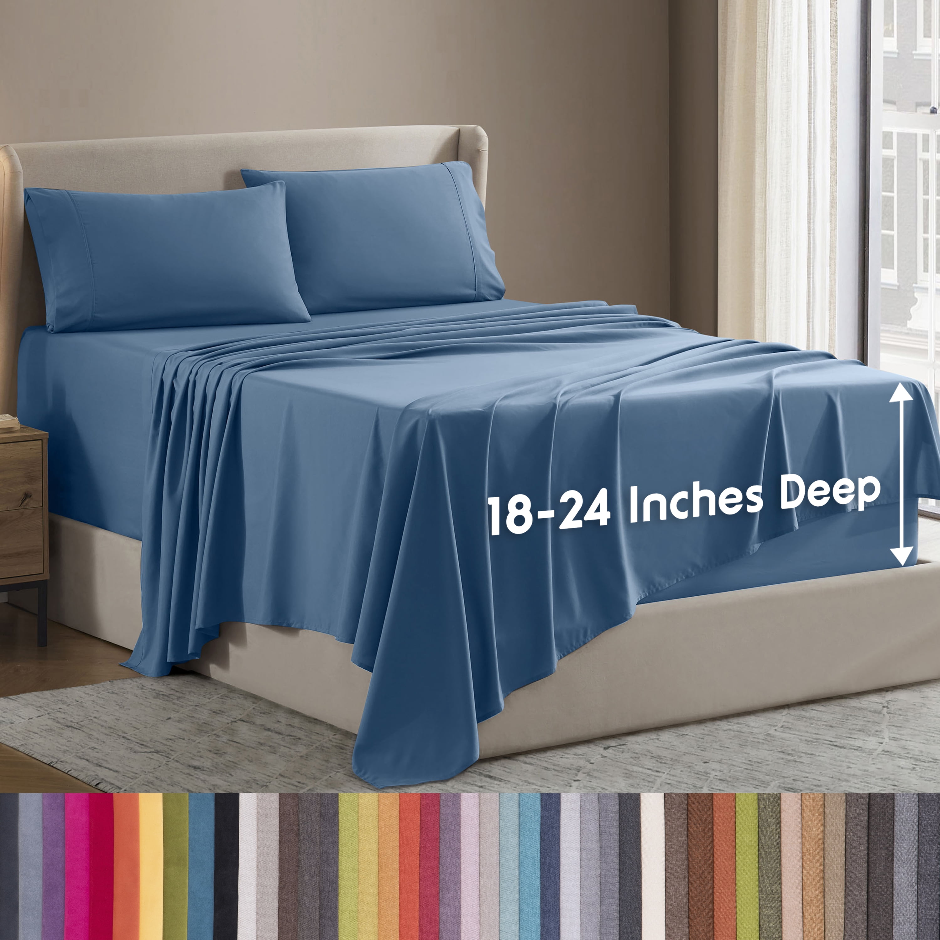 LammaLoe Extra Deep Pocket Queen Sheets Set, 4 Piece, Fits 18"-24" Mattress, Breathable & Extra Soft Bed Sheets, Blue Heaven