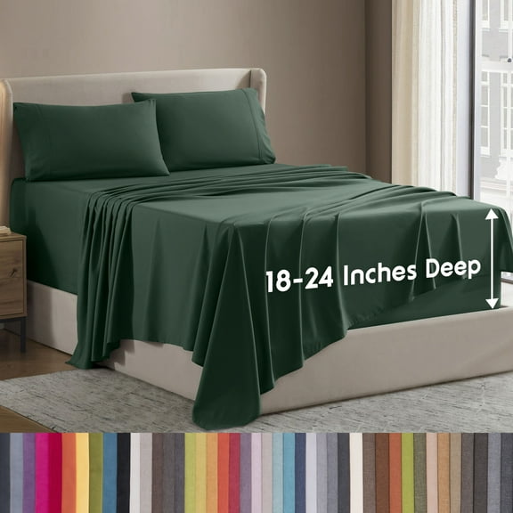 LammaLoe Extra Deep Pocket Queen Sheets Set, 4 Piece, Fits 18"-24" Mattress, Breathable & Extra Soft Bed Sheets, Hunter Green