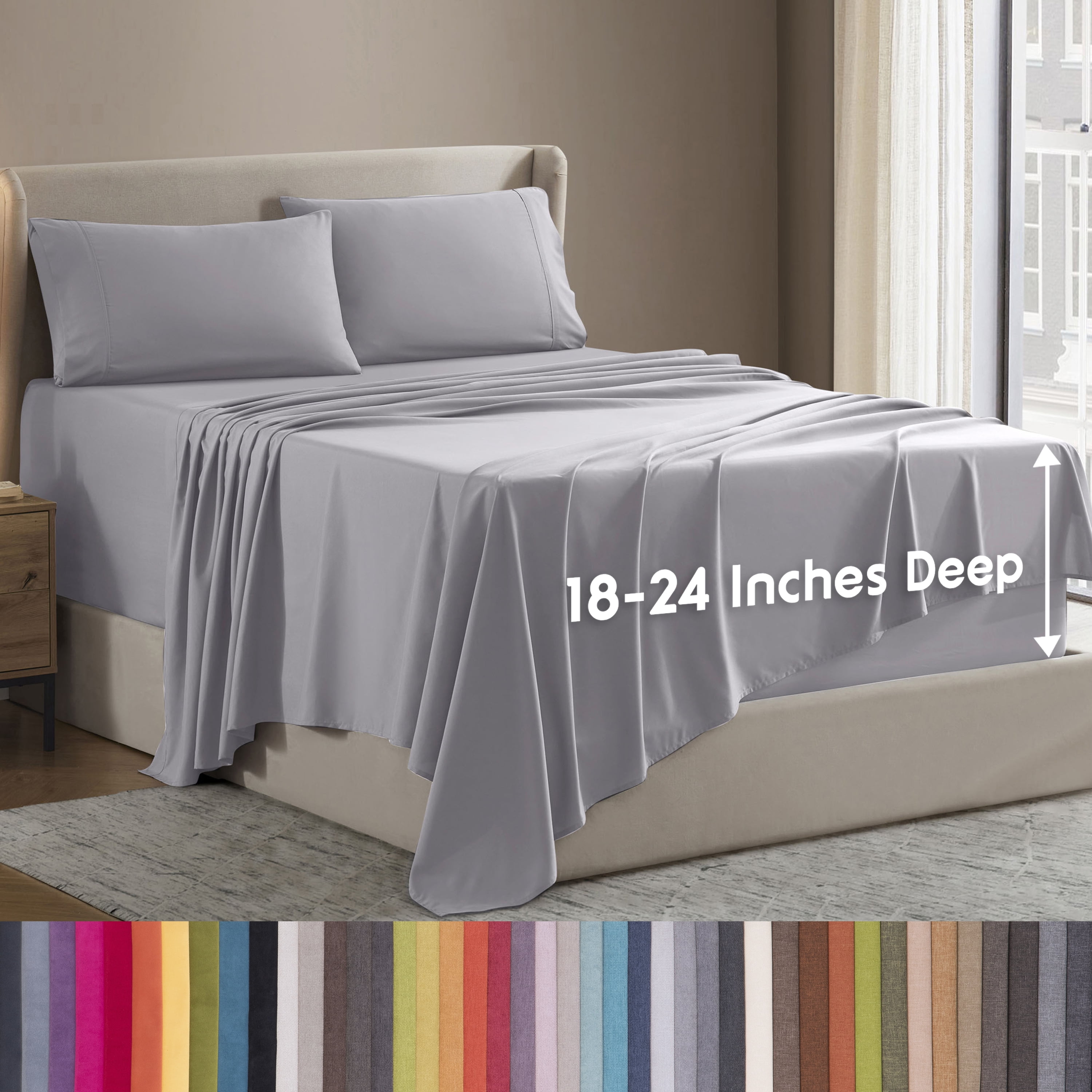 LammaLoe Extra Deep Pocket Queen Sheets Set, 4 Piece, Fits 18"-24" Mattress, Breathable & Extra Soft Bed Sheets, Light Grey Lavender