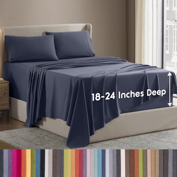 LammaLoe Extra Deep Pocket Queen Sheets Set, 4 Piece, Fits 18"-24" Mattress, Breathable & Extra Soft Bed Sheets, Navy Blue