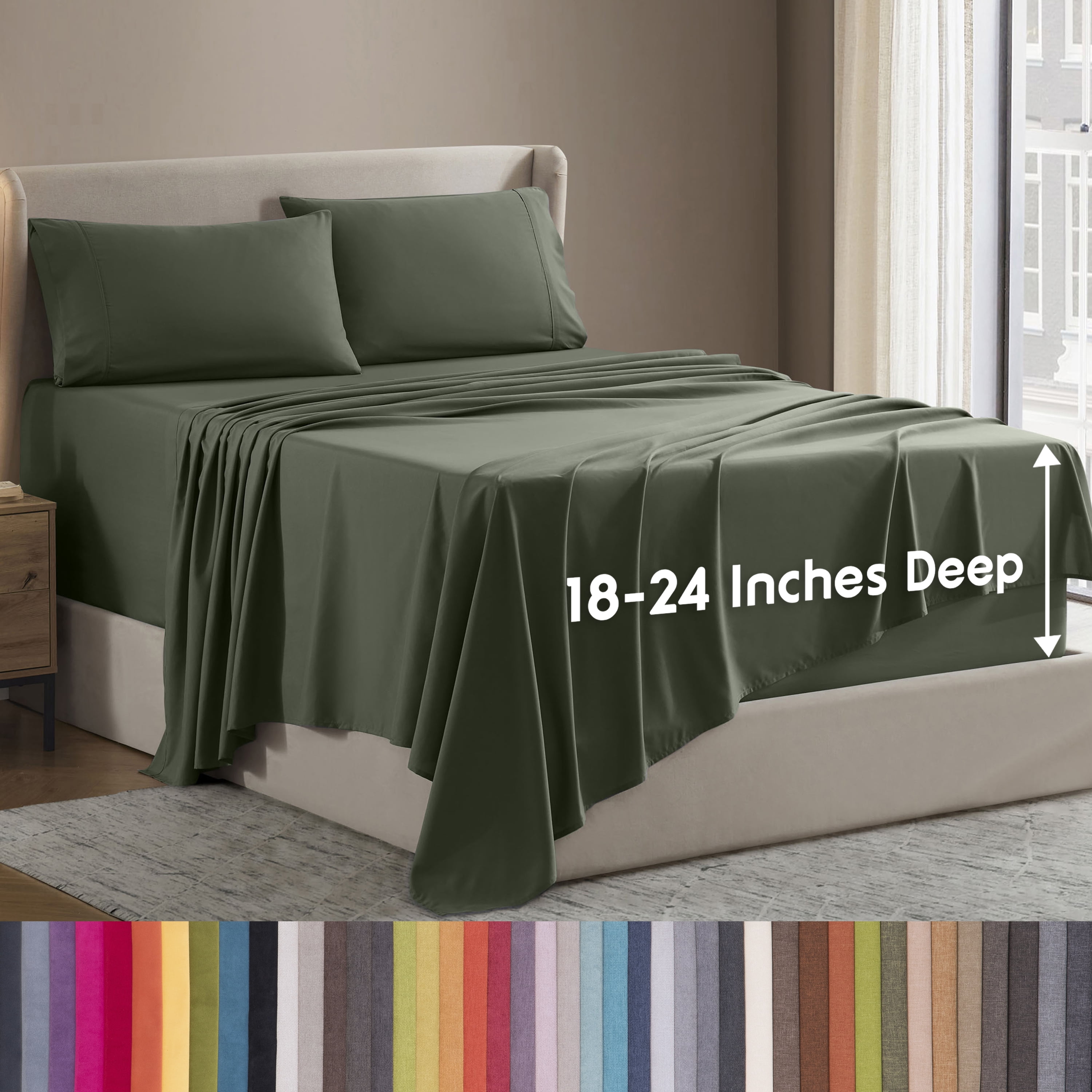 LammaLoe Extra Deep Pocket Queen Sheets Set, 4 Piece, Fits 18"-24" Mattress, Breathable & Extra Soft Bed Sheets, Olive Green