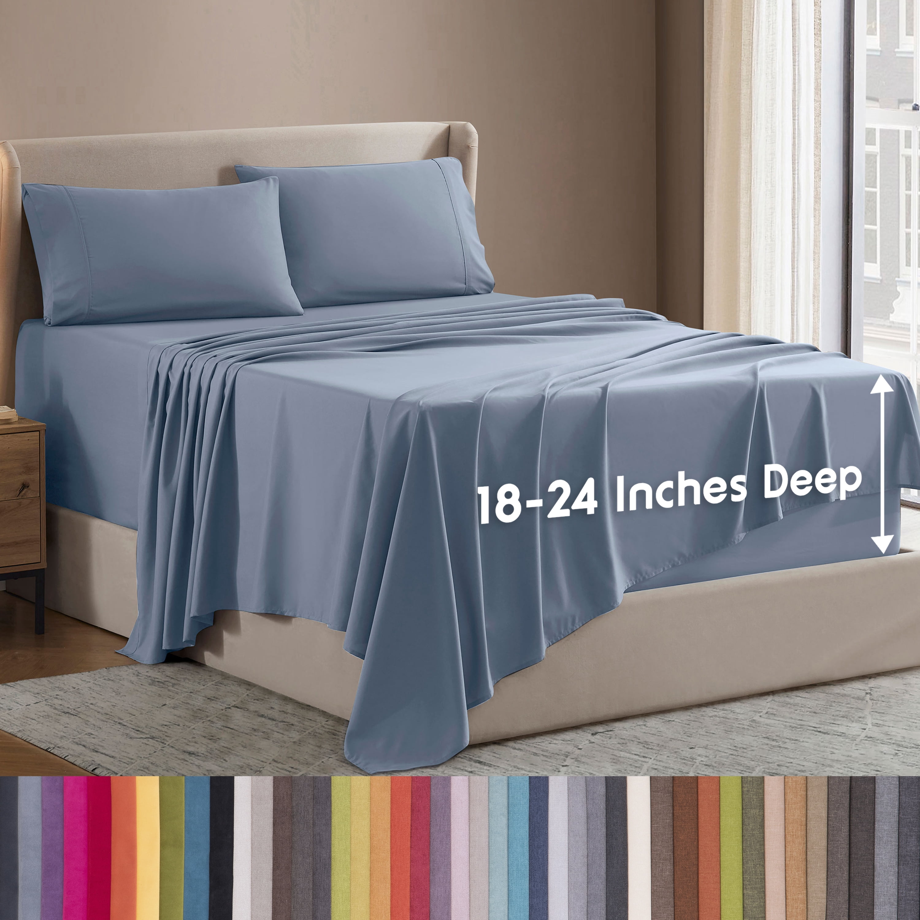 LammaLoe Extra Deep Pocket Queen Sheets Set, 4 Piece, Fits 18"-24" Mattress, Breathable & Extra Soft Bed Sheets, Stone Blue